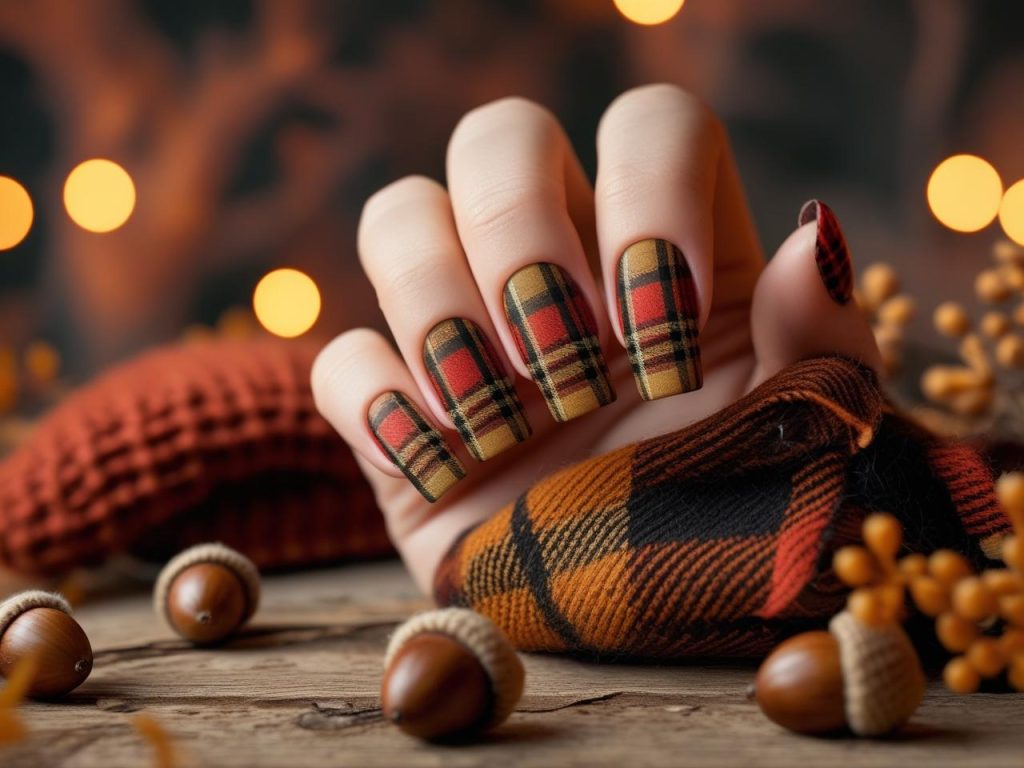  Rustic plaid pattern autumn nail designs with red, brown, and mustard print.