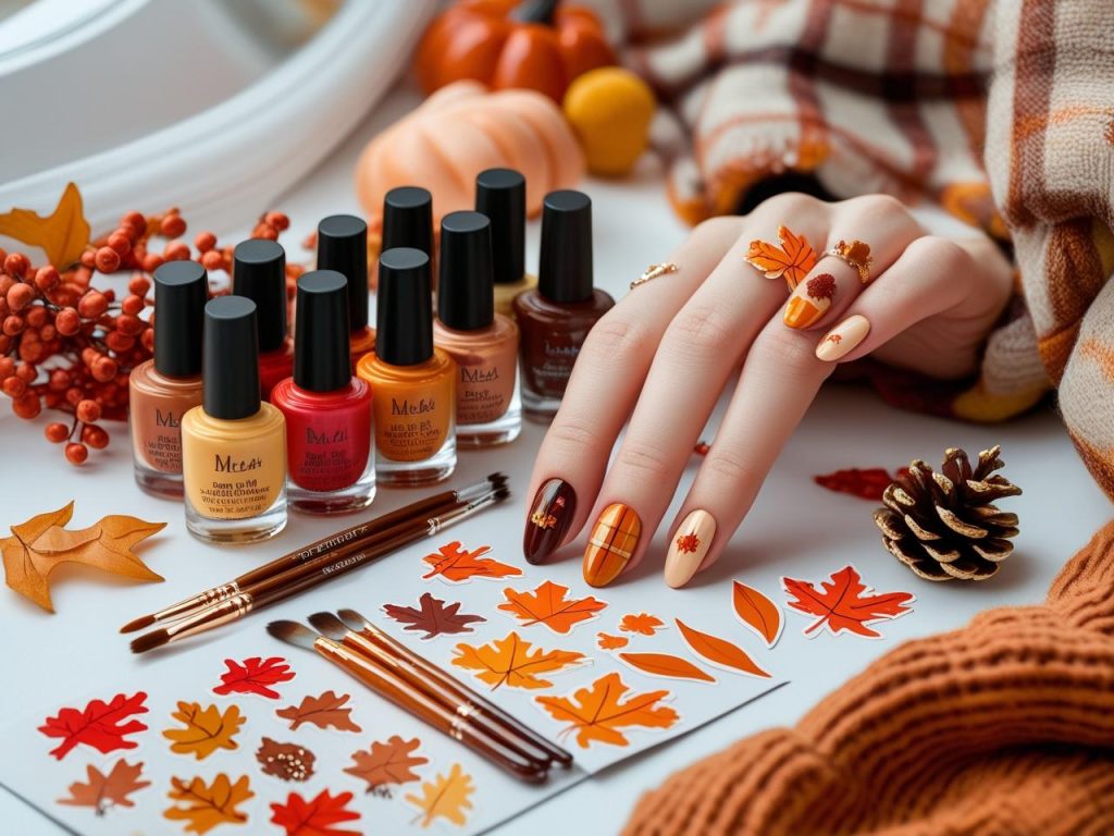  Nail art kit with polish and tools for autumn nail designs.