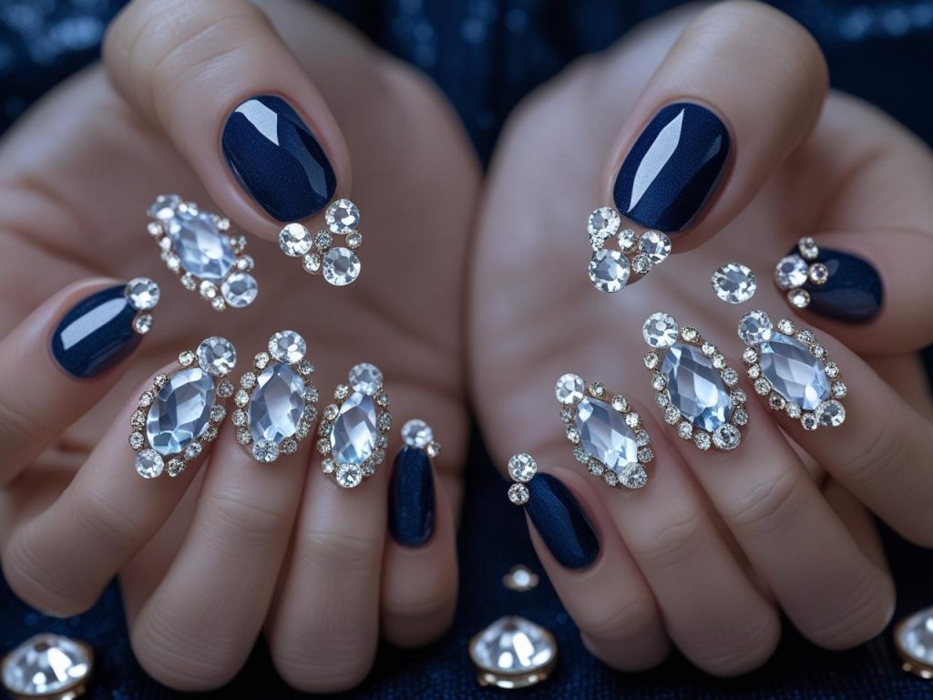  “Blue gemstone nail designs with clear gems for 2025.”