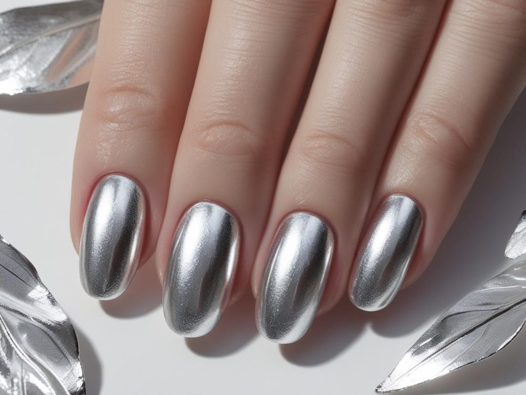 “Silver foil nail designs with metallic silver finish for 2025.”