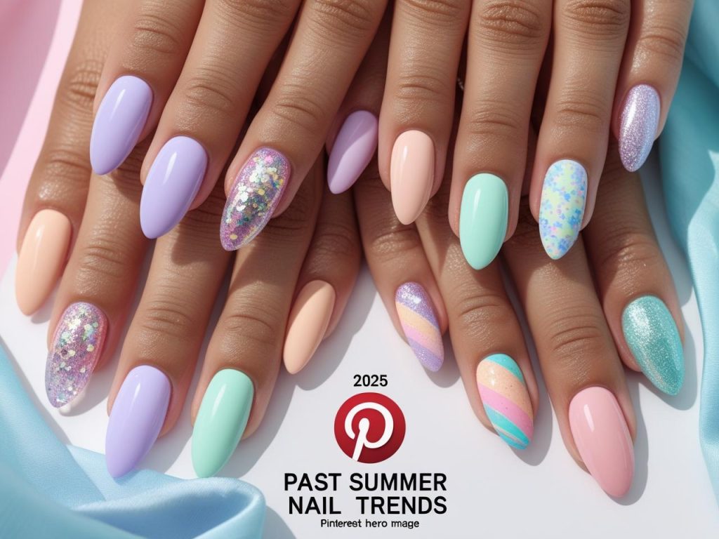 “2025 pastel summer nails with classic, glitter, colored, and ombre pastel designs for Pinterest inspiration.”
