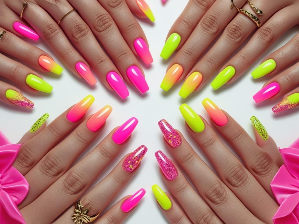 Neon Nails 2025: Vibrant Electric Trends for Stunning Manicures 2 “2025 neon nail designs with gradient, accent, French tip, and glitter effects for Pinterest inspiration.”
