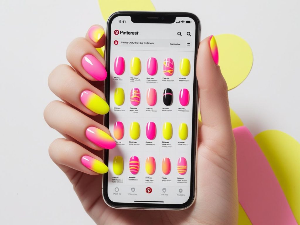 Neon Nails 2025: Vibrant Electric Trends for Stunning Manicures 3 “Neon gradient round nails on a Pinterest board, showcasing 2025 neon nail trends.”