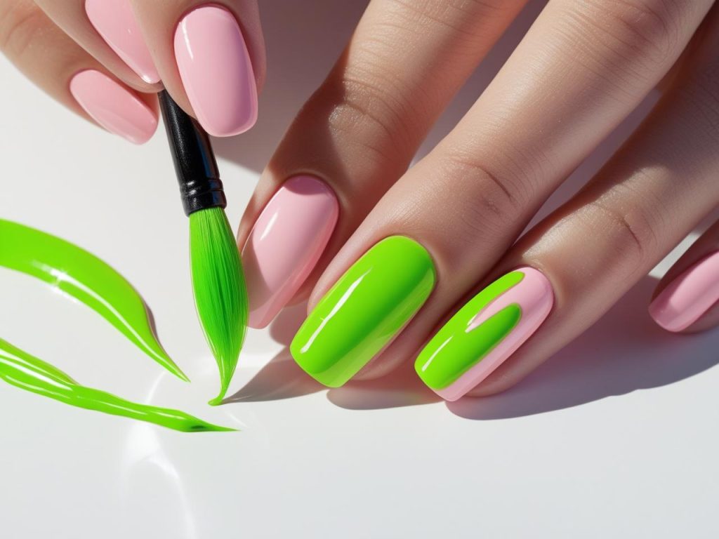 Neon Nails 2025: Vibrant Electric Trends for Stunning Manicures 7 Show a close-up of a hand applying neon accent nails with a brush, adding neon green polish to two nails on a light pink base. Use a white background with neon accents for a Pinterest look.