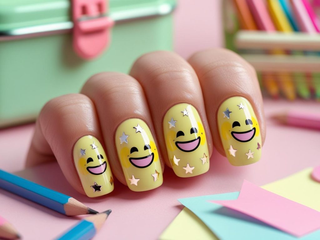 Emoji nails 6th grade trends with smiley face and star designs