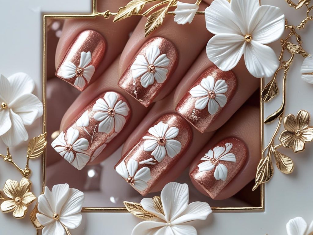 Gold floral nail designs with white flowers for 2025.