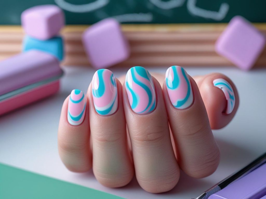 Pastel swirl nails 6th grade trends with pink and blue swirls.