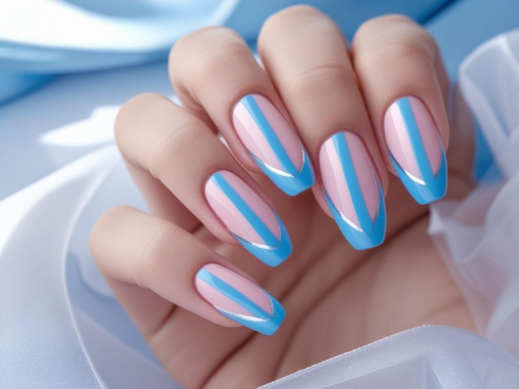 “Blue French tip nail designs with sky blue tips for 2025.”