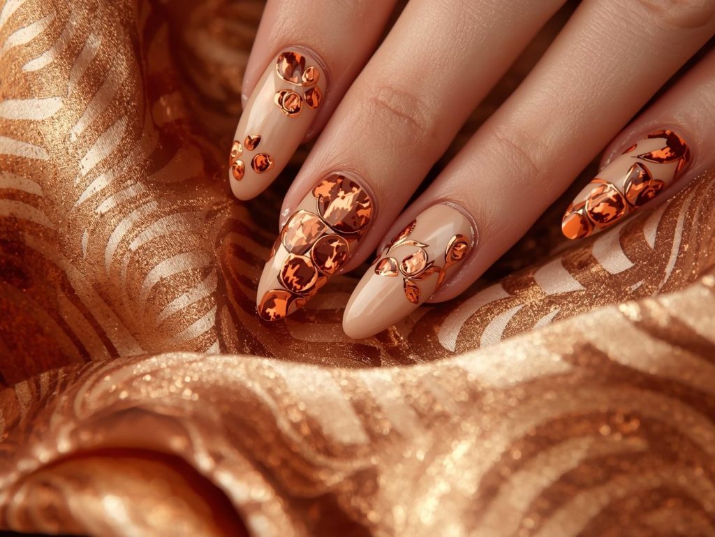 Warm beige copper tortoise nail art with glossy finish.