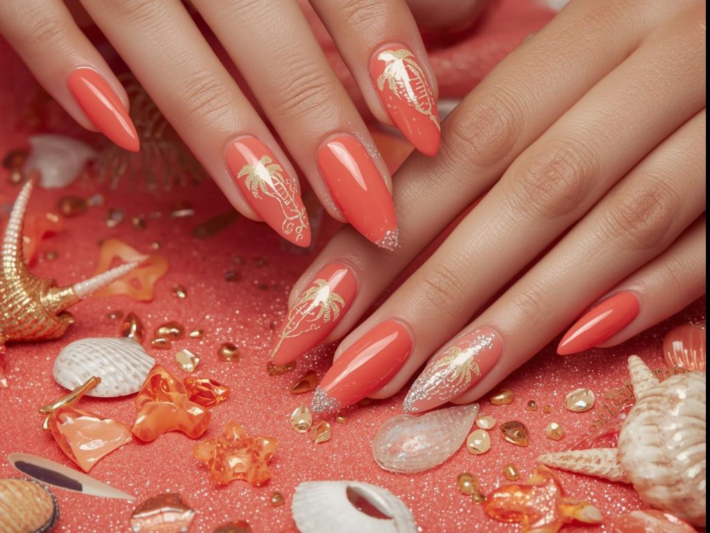 Coral Nail Designs: Vibrant and Pinterest-Worthy Manicures to Adore 2 Coral nail designs with gold foil seashells, silver glitter ripples, white tropical palms, and holographic coral reefs for captivating Pinterest inspiration.