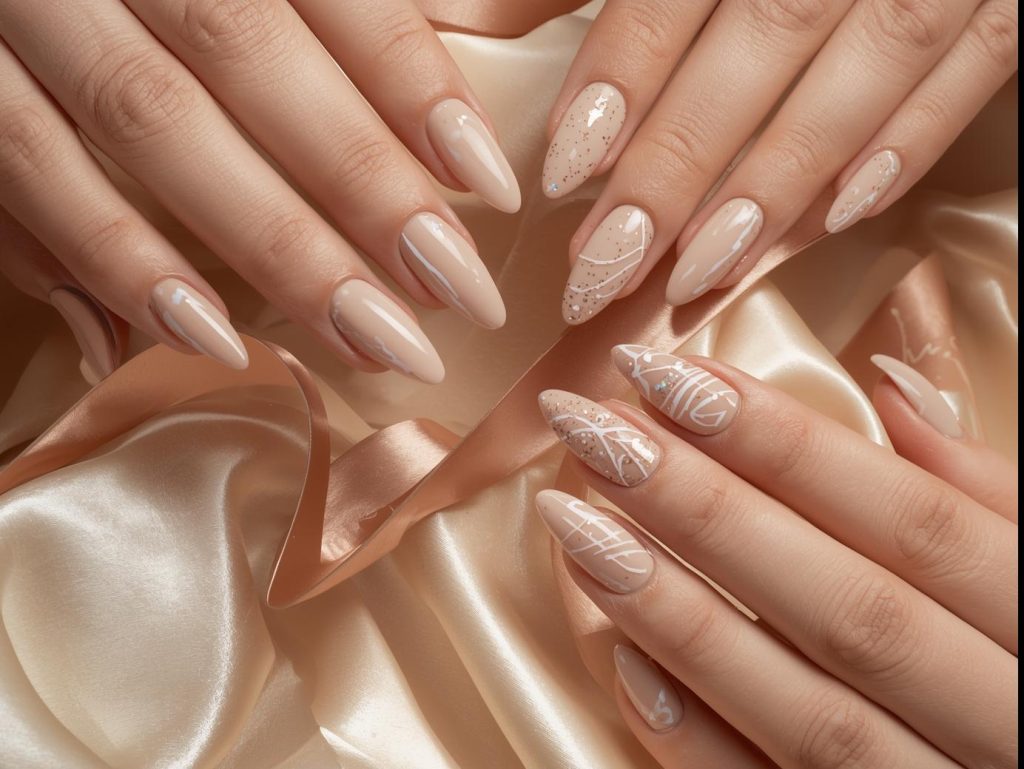Beige Nail Designs: Elegant and Pinterest-Worthy Manicures to Adore 2 Beige nail designs with rose gold foil leaves, gold glitter speckles, white minimalist lines, and holographic pearl details for captivating Pinterest inspiration.