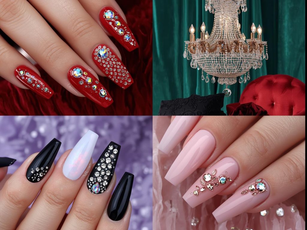 Rhinestone nail art designs with clear rhinestones on red, opal rhinestones on lavender, silver clusters on black, and rose gold accents on pink for Pinterest inspiration.