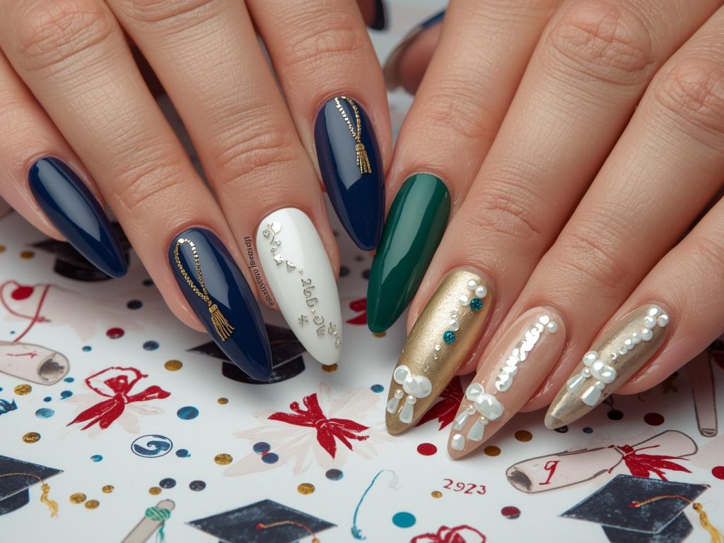 Graduation nail designs with gold foil cap and gown accents, silver diploma scroll details, white tassel patterns, and pearl grad cap embellishments for captivating Pinterest inspiration.