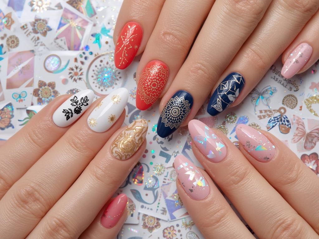 v Nail decal ideas with black lace decals, gold mandala decals, silver constellation decals, and holographic butterfly decals for captivating Pinterest inspiration.