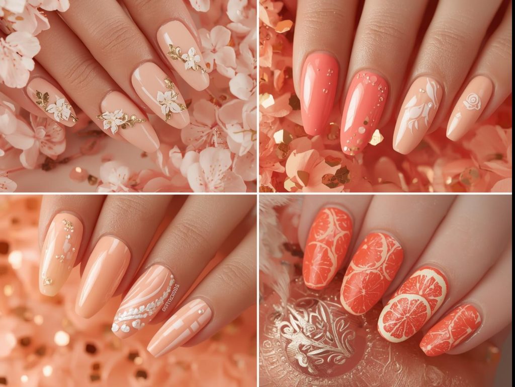 Peach nail designs with gold foil peach blossoms, glittery coral sparkles, white geometric waves, and holographic citrus slices for captivating Pinterest inspiration.