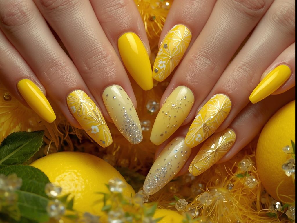 Lemon yellow nail designs with gold foil citrus slices, silver glitter sparkles, white daisy patterns, and holographic lemon peel details for captivating Pinterest inspiration.