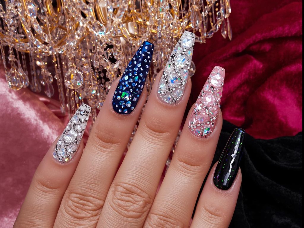 Crystal nail designs with clear clusters, aurora borealis gems, rose quartz accents, and holographic crystals for captivating Pinterest inspiration.