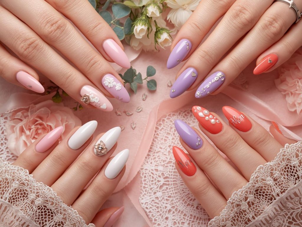 Mother's Day Nail Designs: Heartfelt and Pinterest-Worthy Manicures to Adore 2 Mother’s Day nail designs with white floral hearts, gold foil rose details, pearl heart embellishments, and silver script "Mom" patterns for captivating Pinterest inspiration.
