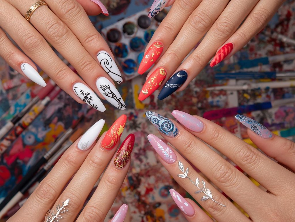 Hand painted nail art with black floral designs, gold abstract patterns, silver galaxy swirls, and holographic leaf motifs for captivating Pinterest inspiration.