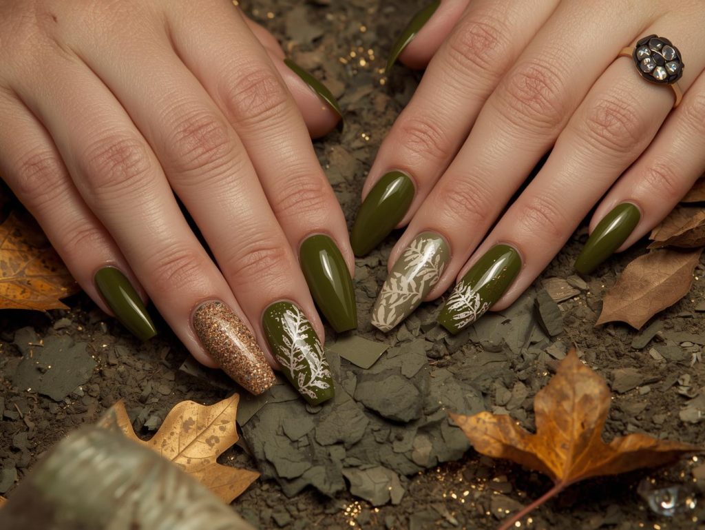 Olive Green Nail Designs: Earthy and Pinterest-Worthy Manicures to Adore 2 Olive green nail designs with gold foil leaves, bronze glitter speckles, creamy beige vine patterns, and holographic fern details for captivating Pinterest inspiration.