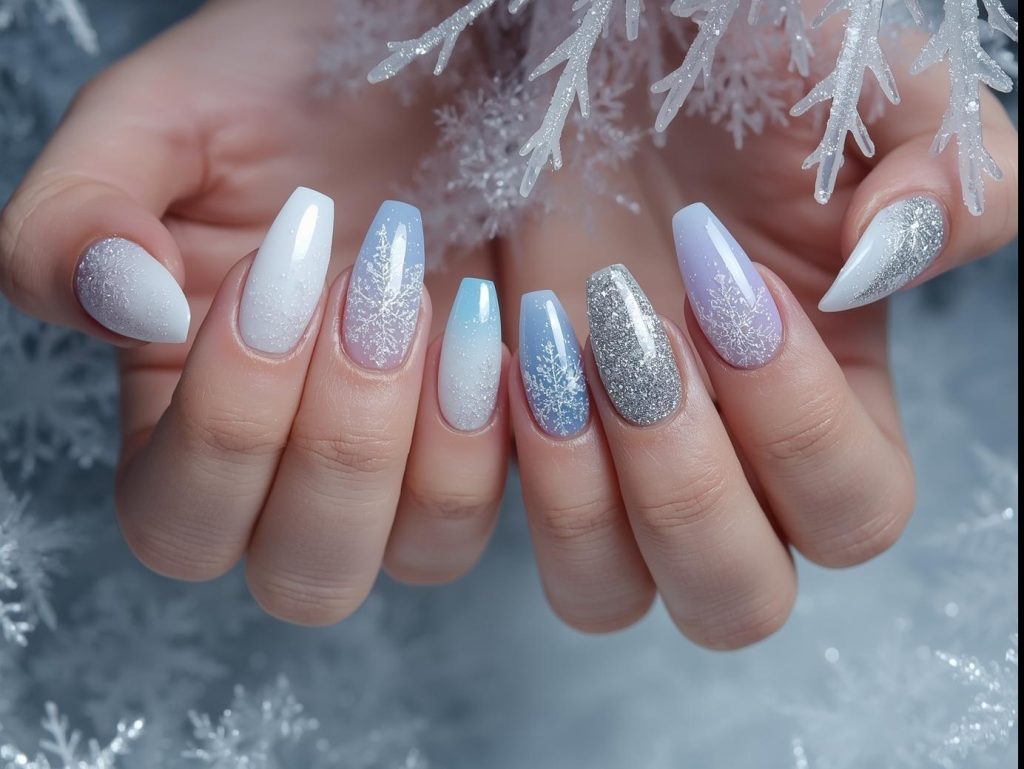 Frosted nail designs with icy blue snowflakes, pearlescent white shimmer, lavender glitter tips, and silver holographic frost for captivating Pinterest inspiration.