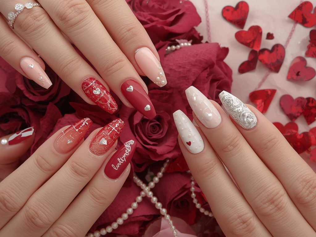 Valentine's Day nail designs with white heart accents, gold glitter love letter details, pearl rose patterns, and silver "Love" script embellishments for captivating Pinterest inspiration.