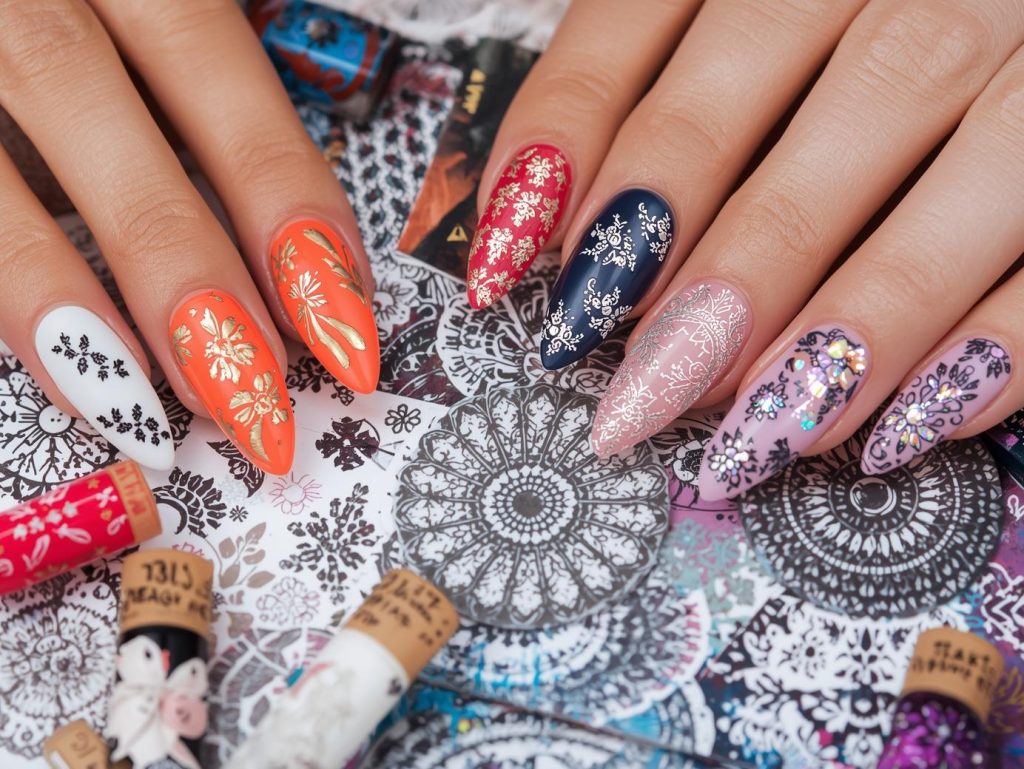  Nail stamping designs with black lace stamps, gold floral stamps, silver geometric stamps, and holographic mandala stamps for captivating Pinterest inspiration.