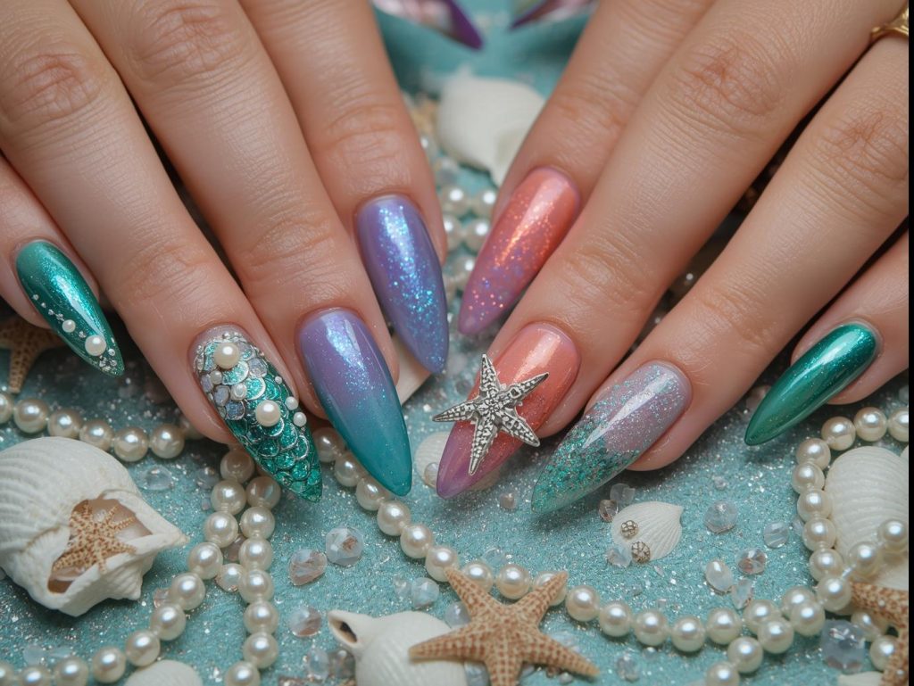 Mermaid Nail Designs: Enchanting and Pinterest-Worthy Manicures to Adore 2 Mermaid nail designs with teal-aqua scales, purple-blue ombre, coral seashells, and holographic green starfish for captivating Pinterest inspiration.