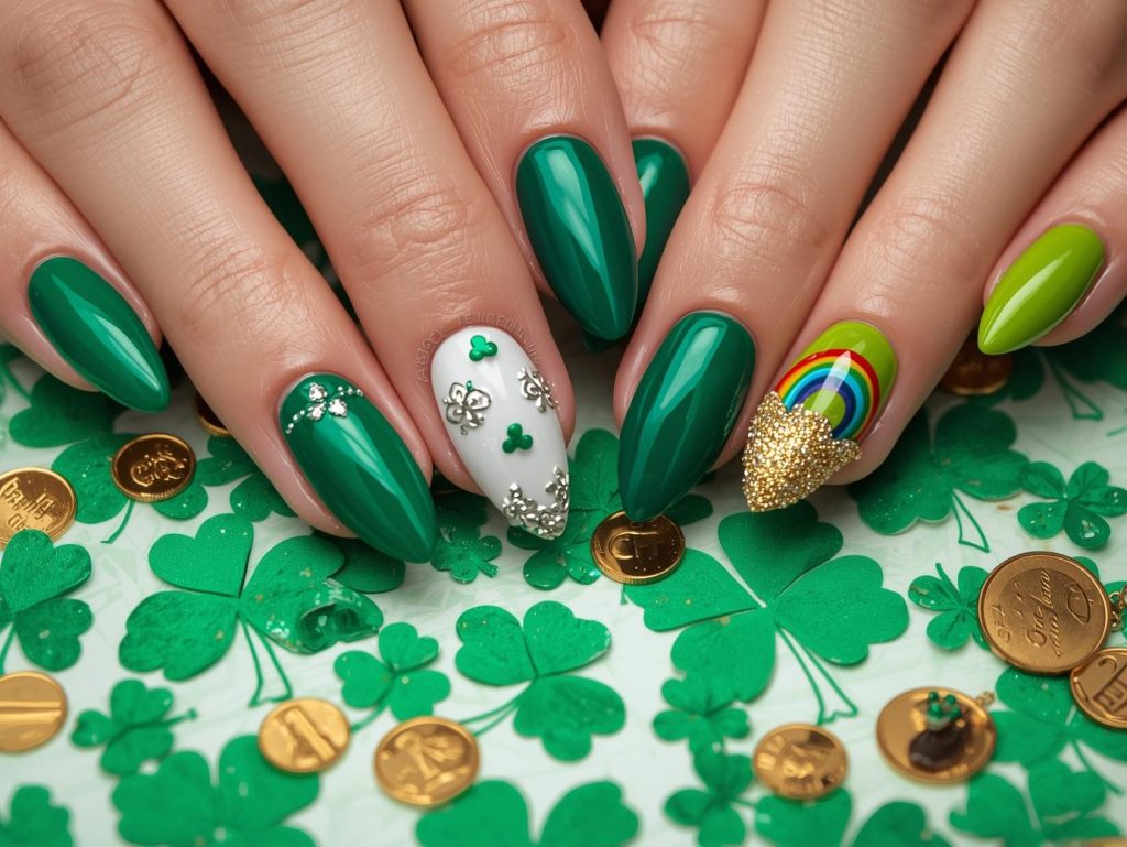 St. Patrick’s Day nail designs with gold shamrock accents, green glitter clover details, silver Celtic knot patterns, and rainbow pot of gold embellishments for captivating Pinterest inspiration.