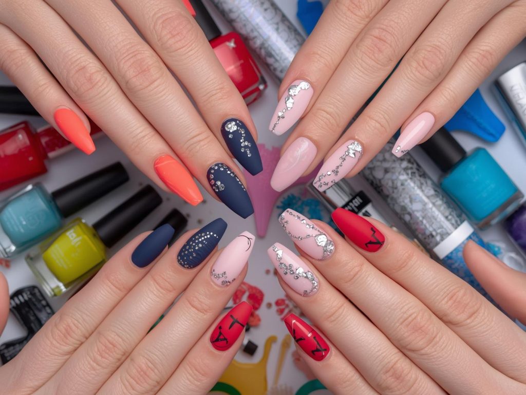 DIY Gel Nails: Stunning and Pinterest-Worthy Manicures to Adore 2 DIY gel nail designs with gold foil accents, silver glitter gradients, holographic swirl patterns, and black geometric decals for captivating Pinterest inspiration.