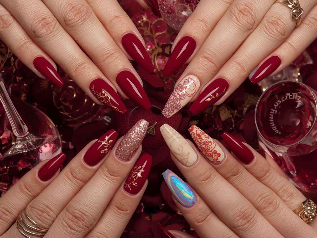  Wine red nail designs with gold foil grapevines, rose gold glitter sparkles, creamy ivory swirls, and holographic berry details for captivating Pinterest inspiration.