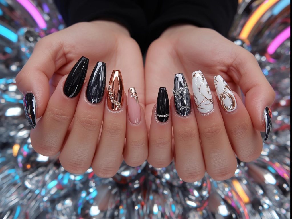 Mirror nail designs with chrome silver, holographic rose gold tips, gold accents, and iridescent pearl swirls for captivating Pinterest inspiration.
