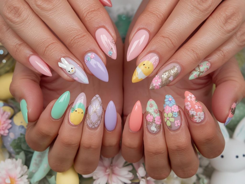 Easter Nail Designs: Playful and Pinterest-Worthy Manicures to Adore 2 Easter nail designs with white bunny accents, yellow chick details, gold glitter egg patterns, and pastel floral embellishments for captivating Pinterest inspiration.