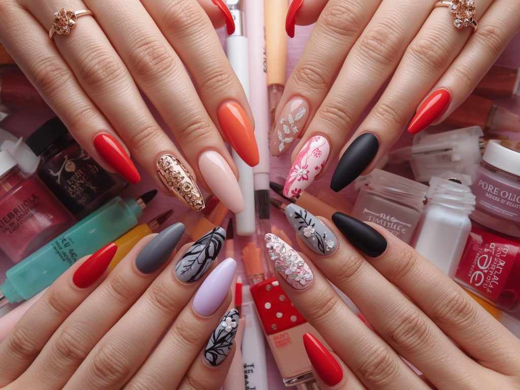DIY acrylic nail designs with gold chrome accents, silver marble effects, holographic gem embellishments, and white floral decals for captivating Pinterest inspiration.