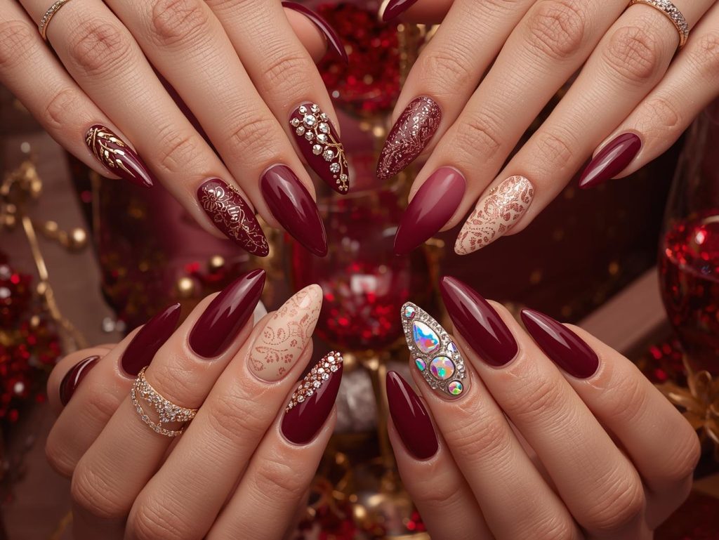 Burgundy nail designs with gold foil florals, rose gold glitter sparkles, creamy beige lace patterns, and holographic gem details for captivating Pinterest inspiration.