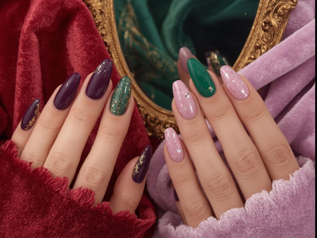 Velvet Nail Designs: Luxurious and Pinterest-Worthy Manicures to Obsess Over 2 Velvet nail designs with deep burgundy sheen, emerald green glitter, navy with gold foil, and lavender with pearl touches for captivating Pinterest inspiration.