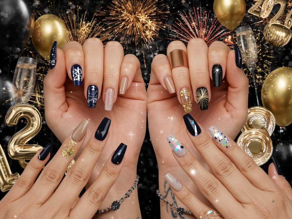  New Year 2026 nail designs with silver 2026 numeral accents, holographic starburst details, gold glitter firework patterns, and iridescent confetti embellishments for captivating Pinterest inspiration.