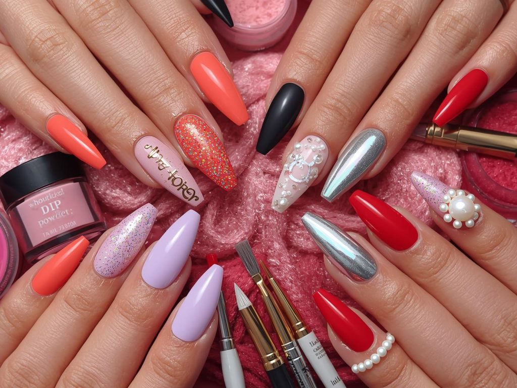 Dip powder nail designs with gold glitter accents, silver chrome details, holographic shimmer, and white pearl embellishments for captivating Pinterest inspiration.
