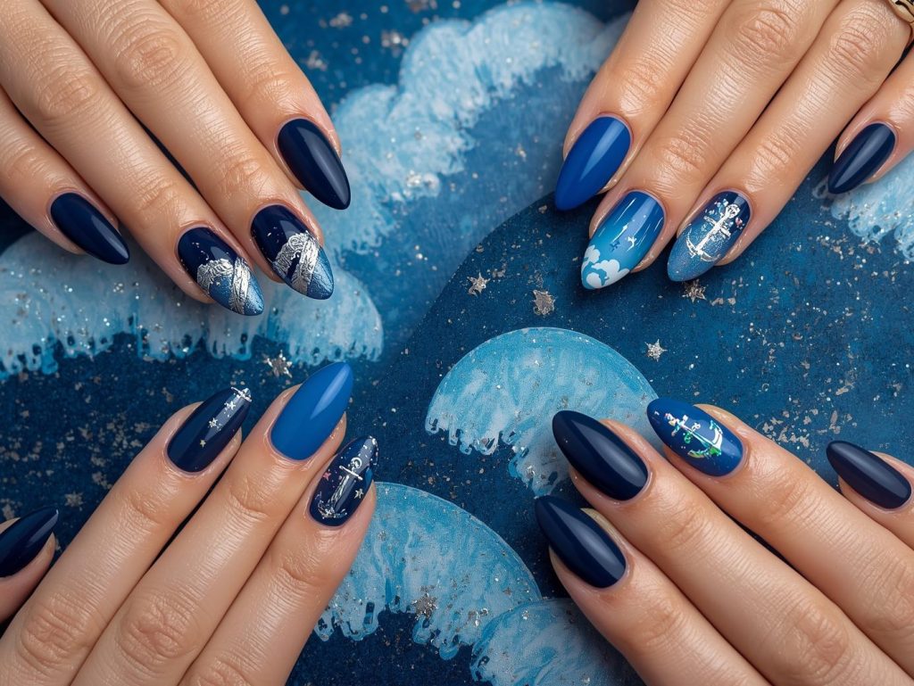 Deep blue nail designs with silver foil waves, gold glitter star sparkles, white cloud patterns, and holographic anchor details for captivating Pinterest inspiration.