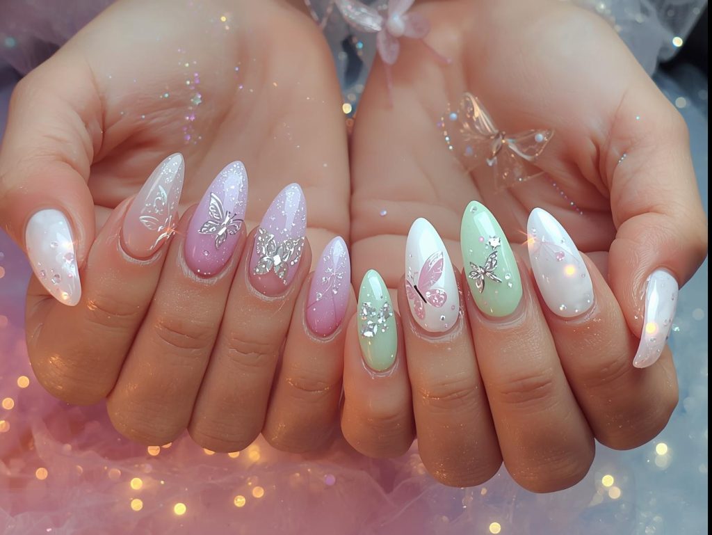 Fairy nail designs with pastel pink fairy dust, lavender butterfly wings, mint green sparkle swirls, and pearlescent white fairy charms for captivating Pinterest inspiration