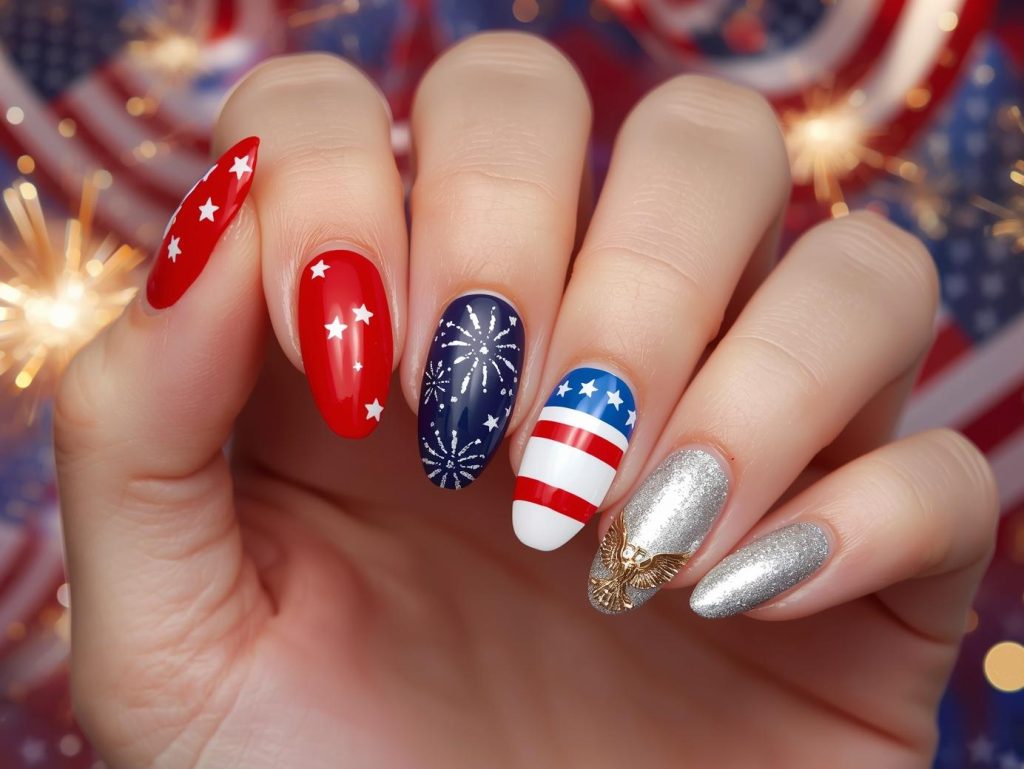 4th of July nail designs with white star accents, silver firework details, red and blue stripe patterns, and gold eagle embellishments for captivating Pinterest inspiration.