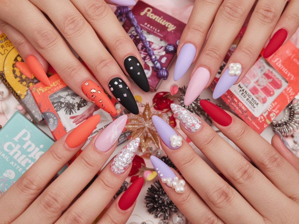 Press on nail designs with gold foil accents, silver star decals, holographic floral patterns, and white pearl embellishments for captivating Pinterest inspiration.
