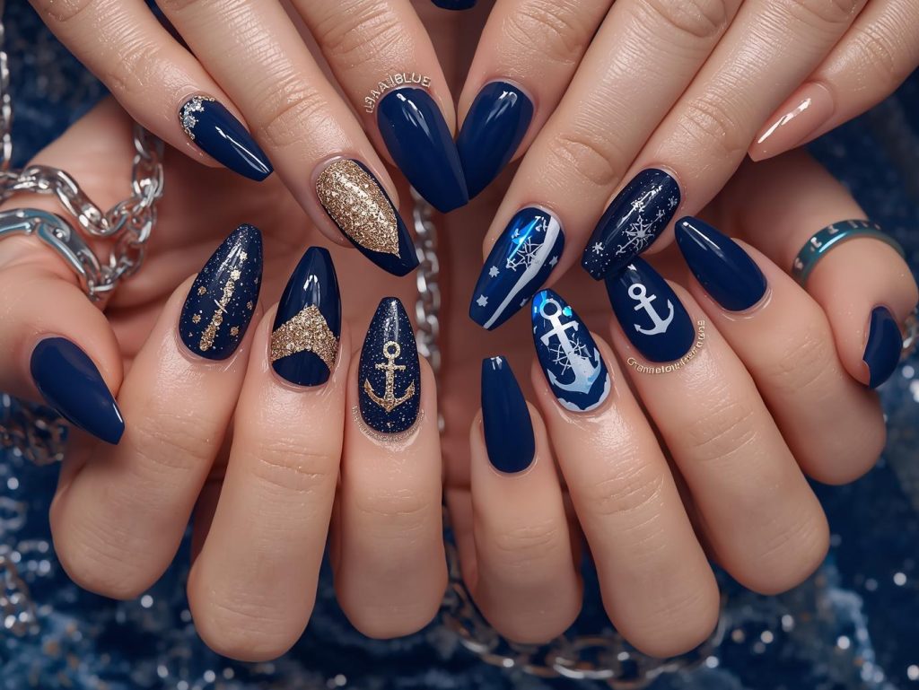Navy Nail Designs: Bold and Pinterest-Worthy Manicures to Adore 2 Navy nail designs with silver foil stars, gold glitter wave sparkles, white minimalist anchors, and holographic compass details for captivating Pinterest inspiration.