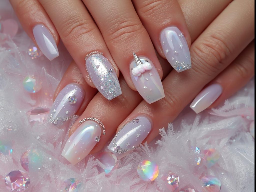 Unicorn nail designs with pastel rainbow ombre, pearl unicorn horns, pink star bursts, and lavender crystal embellishments for captivating Pinterest inspiration.