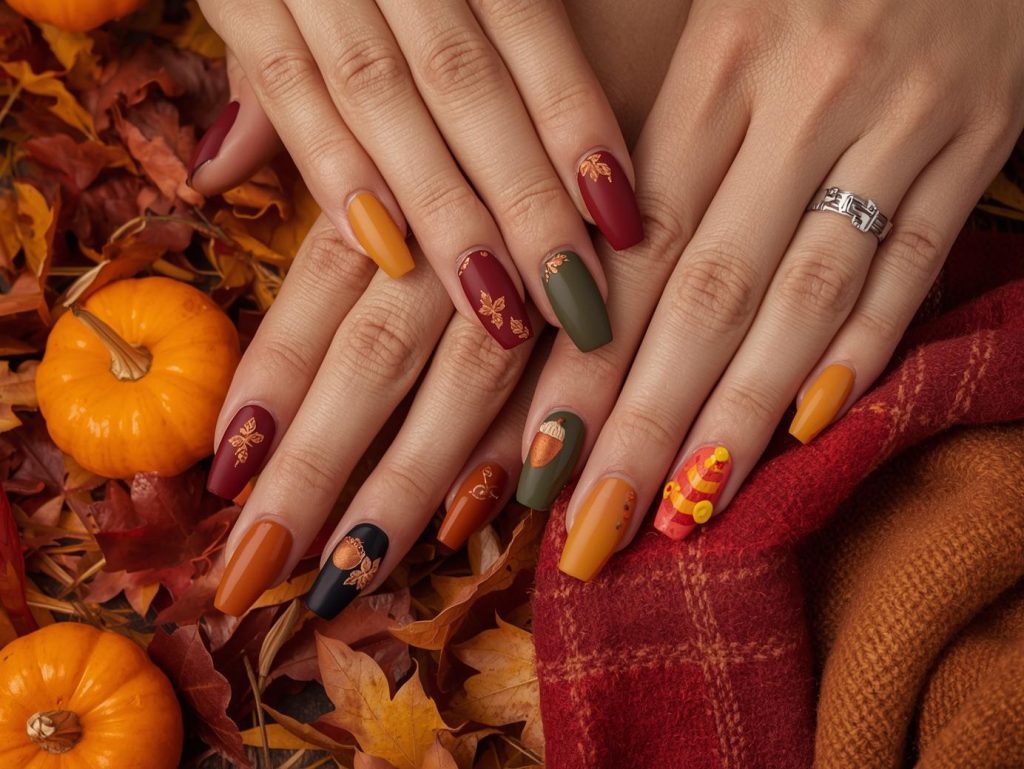 Fall Leaves Nail Art: Cozy and Pinterest-Worthy Manicures to Adore 2 Fall leaves nail art with gold foil leaf accents, bronze maple leaf details, copper acorn patterns, and red and orange leaf embellishments for captivating Pinterest inspiration.