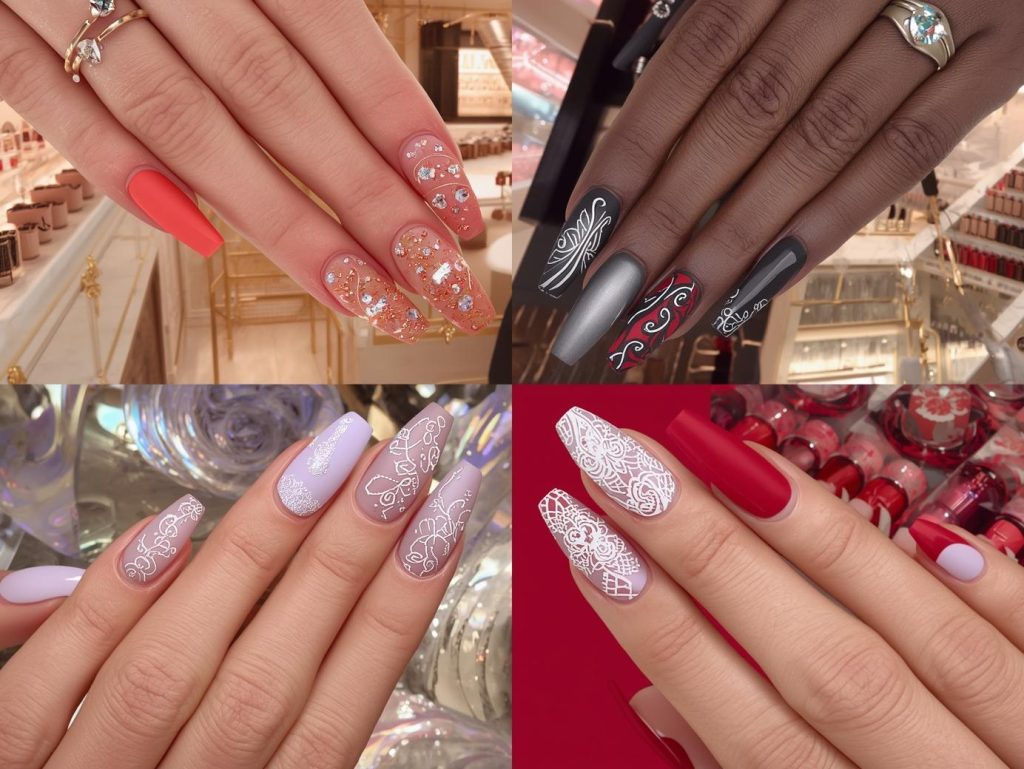 Nail Salon Inspiration: Stunning and Pinterest-Worthy Manicures to Adore 2 Nail salon designs with gold foil and gemstone accents, silver chrome swirls, holographic floral decals, and white lace stamping for captivating Pinterest inspiration.