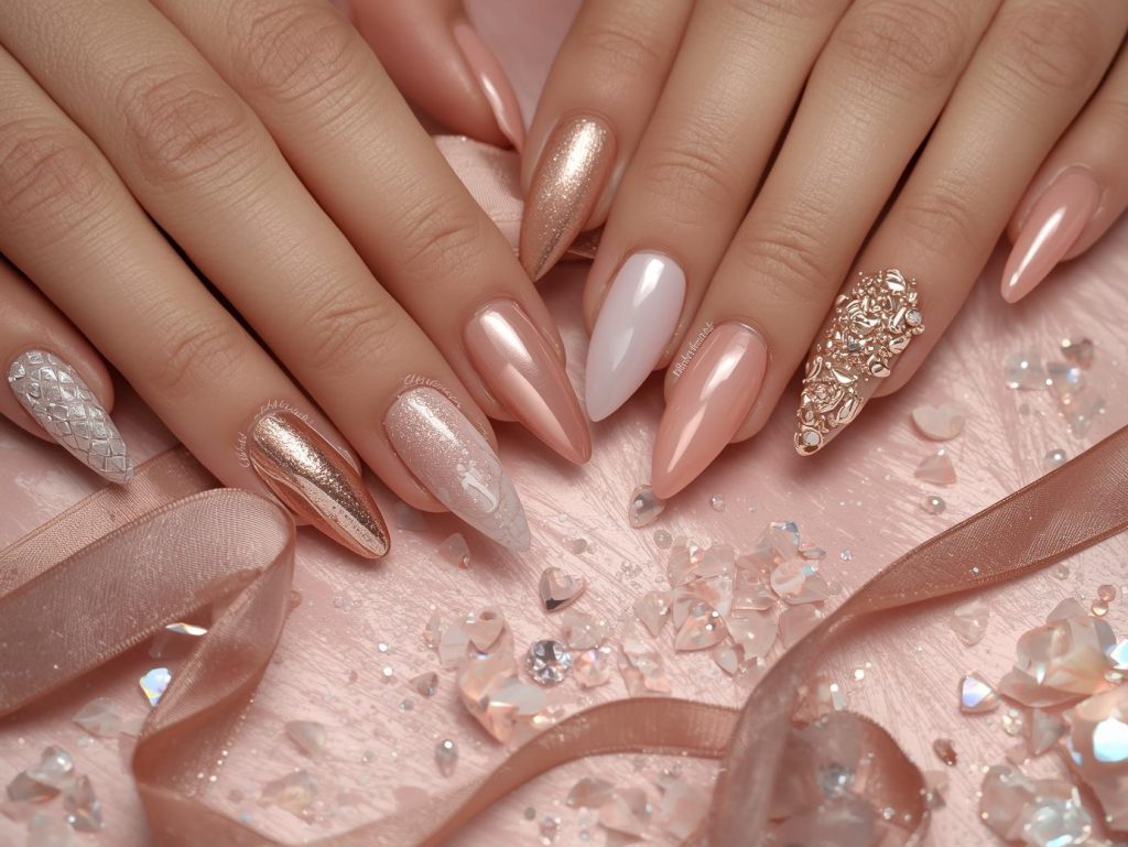 Rose gold nail designs with silver foil geometrics, gold glitter sparkles, white marble patterns, and holographic heart details for captivating Pinterest inspiration.