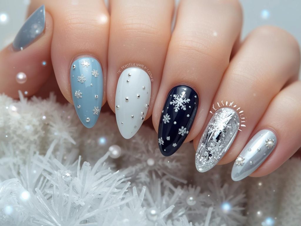 Snowflake Nail Designs: Wintry and Pinterest-Worthy Manicures to Adore 2 Snowflake nail designs with silver snowflake accents, holographic snowflake details, white glitter snowflake patterns, and pearl snowflake embellishments for captivating Pinterest inspiration.