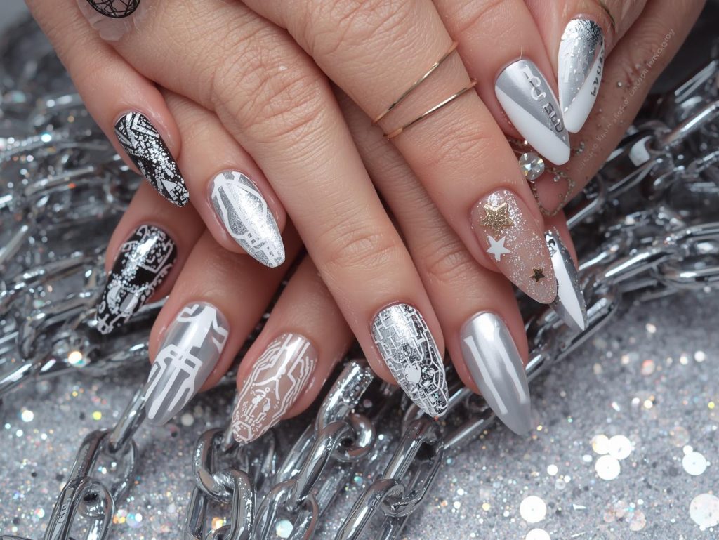 Metallic Silver Nail Designs: Sleek and Pinterest-Worthy Manicures to Adore 2 Metallic silver nail designs with black geometric foil, holographic glitter sparkles, white minimalist circuit patterns, and rose gold star details for captivating Pinterest inspiration.