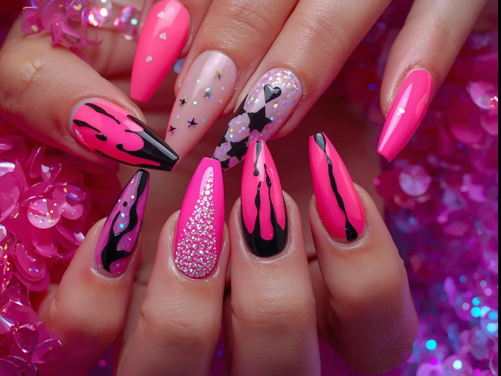 Neon pink nail designs with holographic hearts, glittery star bursts, black geometric flames, and iridescent pearl drips for captivating Pinterest inspiration.